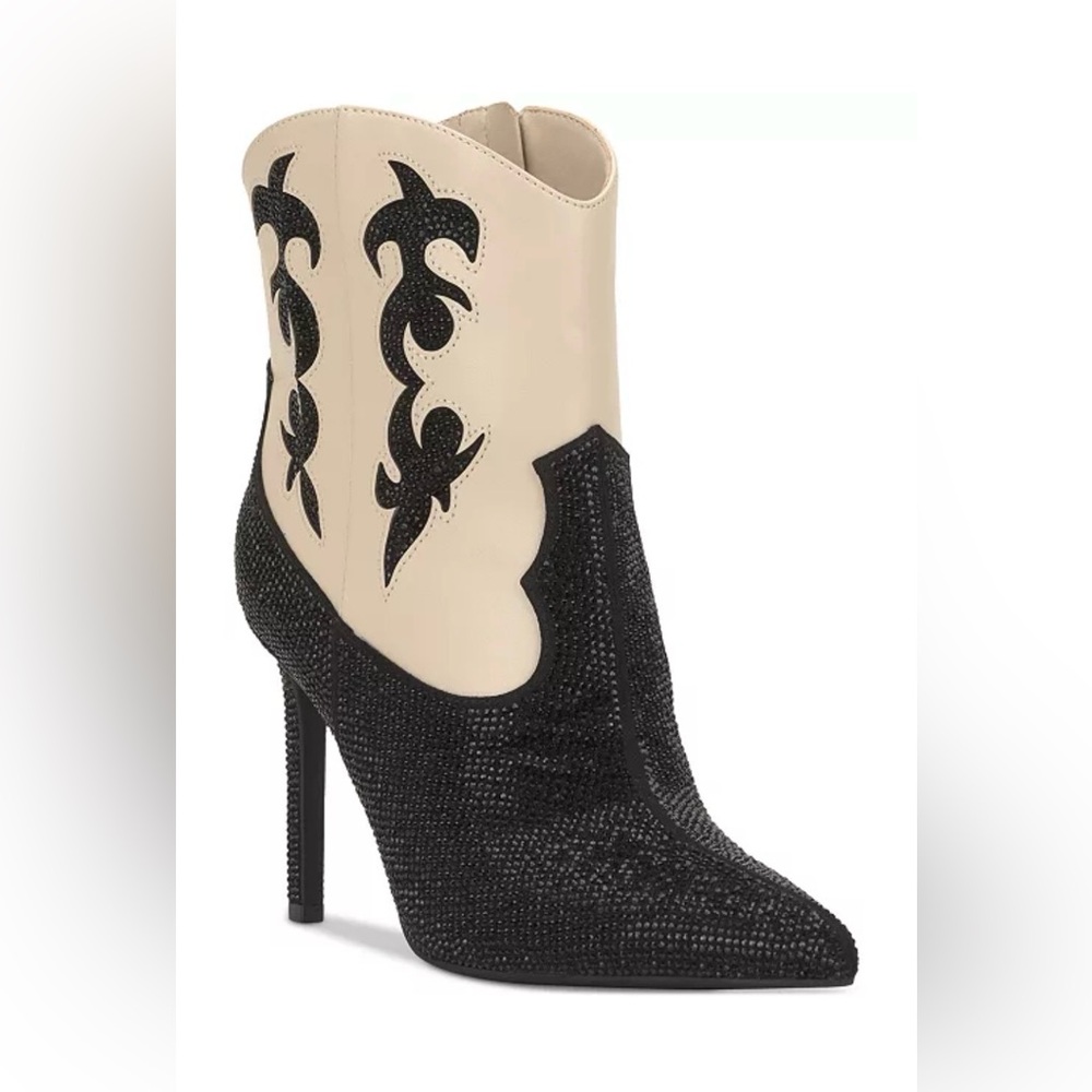 INC International Concepts Black and Cream Indigo Embellished Heeled Boots